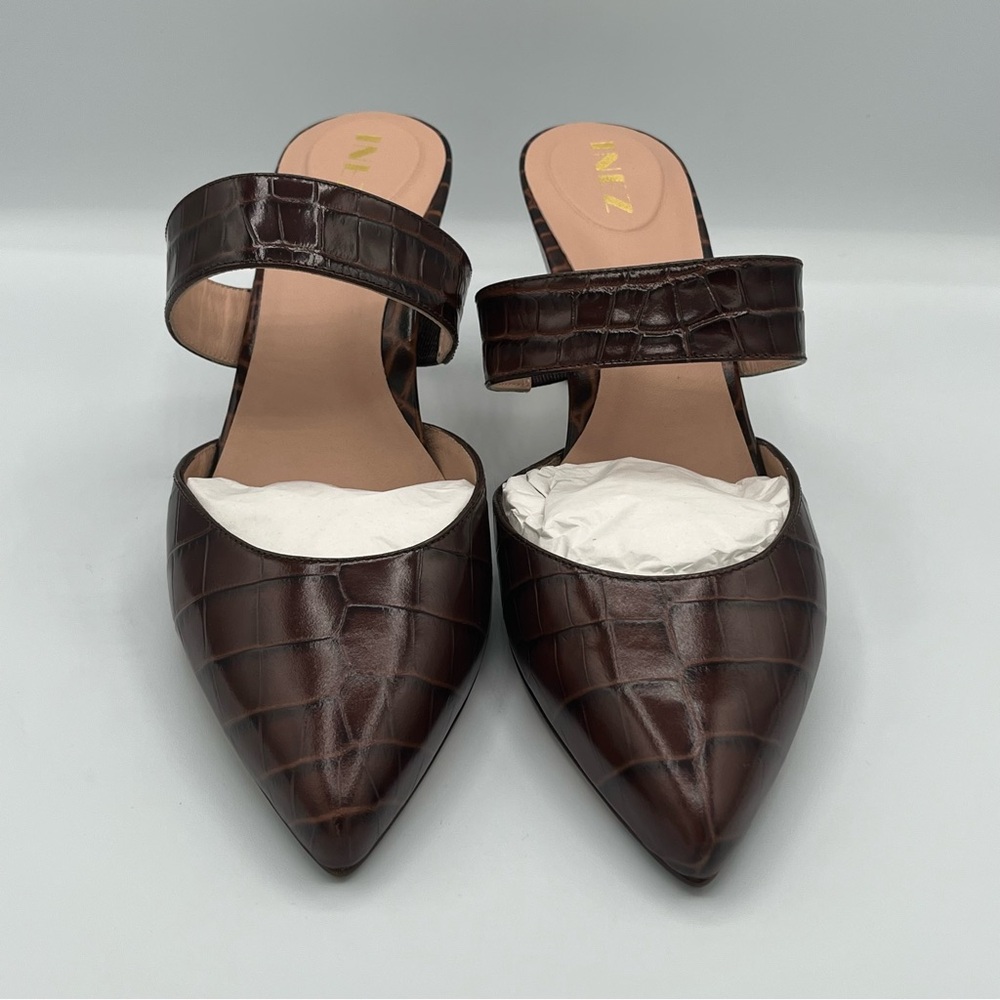 Inez Mora Mule in Cocoa Croco Pointed Toe Embossed Leather Slip-On Shoes - Picture 6 of 11